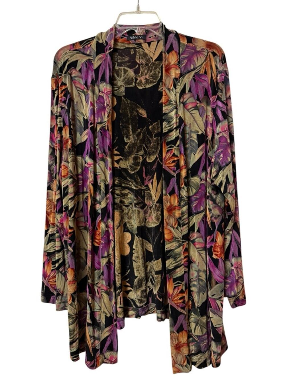 Vikki Vi Black Cardigan with Pink, Purple & Olive Floral Print 1X